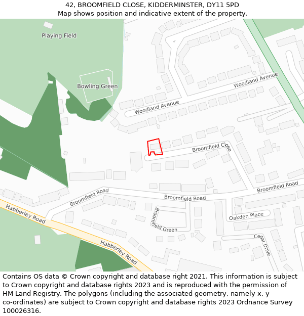 42, BROOMFIELD CLOSE, KIDDERMINSTER, DY11 5PD: Location map and indicative extent of plot