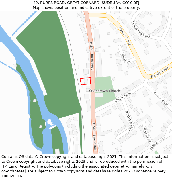 42, BURES ROAD, GREAT CORNARD, SUDBURY, CO10 0EJ: Location map and indicative extent of plot