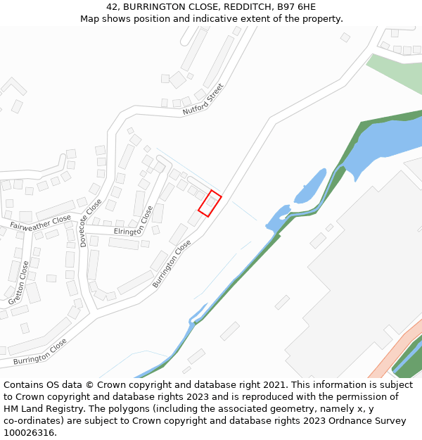 42, BURRINGTON CLOSE, REDDITCH, B97 6HE: Location map and indicative extent of plot