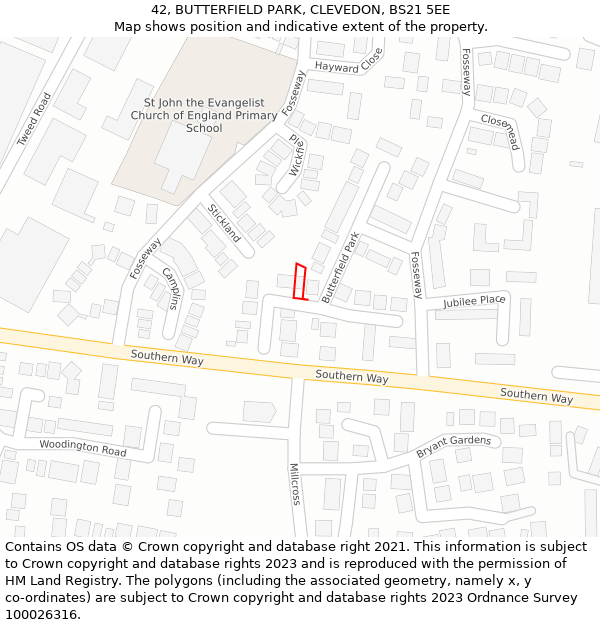 42, BUTTERFIELD PARK, CLEVEDON, BS21 5EE: Location map and indicative extent of plot