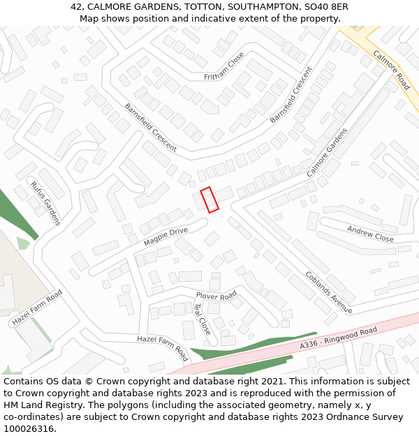 42, CALMORE GARDENS, TOTTON, SOUTHAMPTON, SO40 8ER: Location map and indicative extent of plot