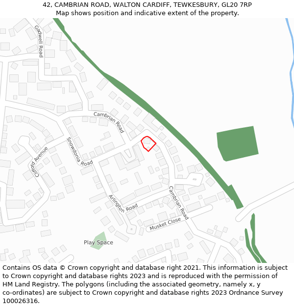 42, CAMBRIAN ROAD, WALTON CARDIFF, TEWKESBURY, GL20 7RP: Location map and indicative extent of plot