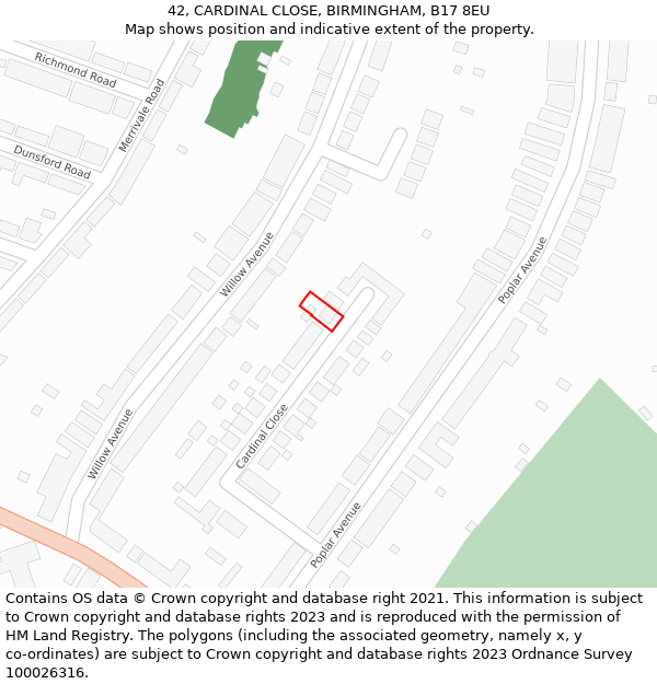 42, CARDINAL CLOSE, BIRMINGHAM, B17 8EU: Location map and indicative extent of plot