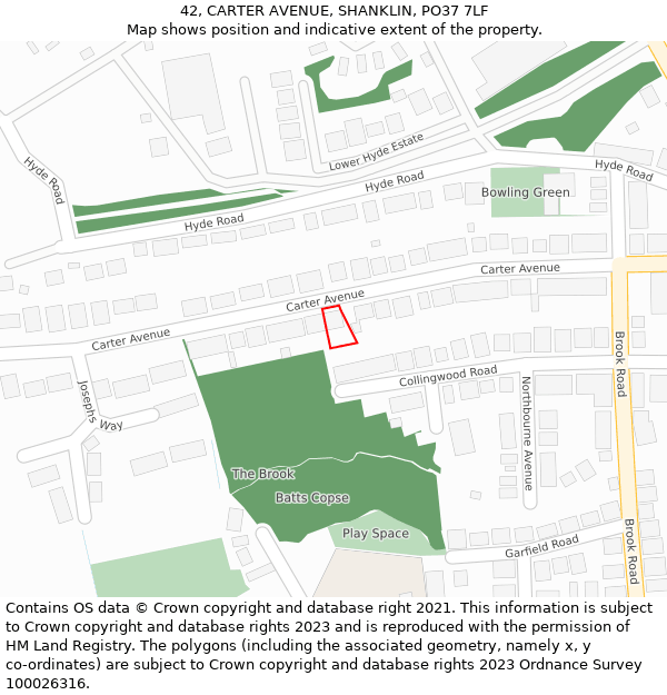 42, CARTER AVENUE, SHANKLIN, PO37 7LF: Location map and indicative extent of plot