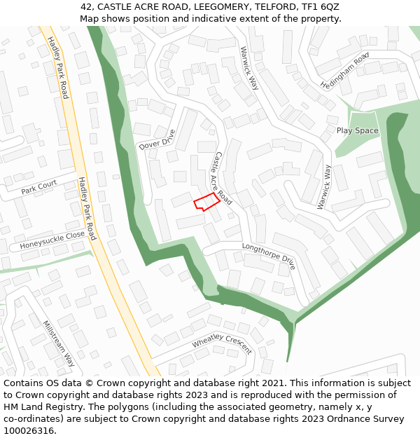 42, CASTLE ACRE ROAD, LEEGOMERY, TELFORD, TF1 6QZ: Location map and indicative extent of plot