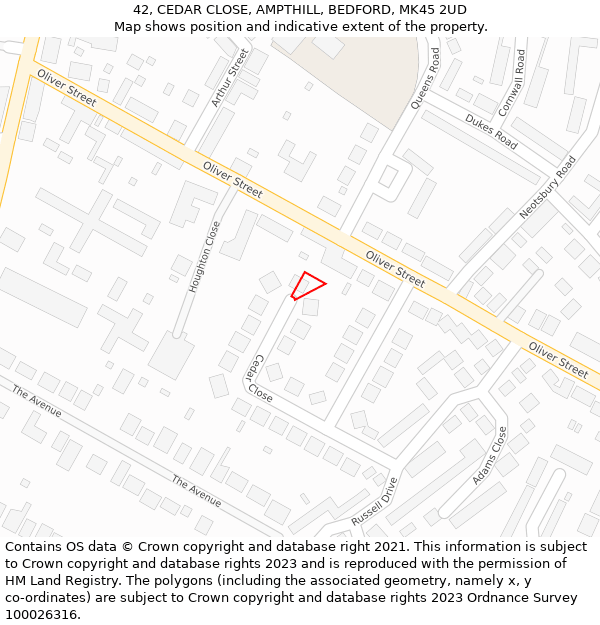 42, CEDAR CLOSE, AMPTHILL, BEDFORD, MK45 2UD: Location map and indicative extent of plot