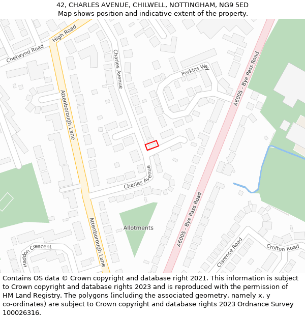 42, CHARLES AVENUE, CHILWELL, NOTTINGHAM, NG9 5ED: Location map and indicative extent of plot