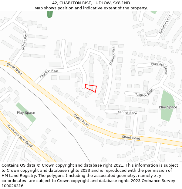 42, CHARLTON RISE, LUDLOW, SY8 1ND: Location map and indicative extent of plot