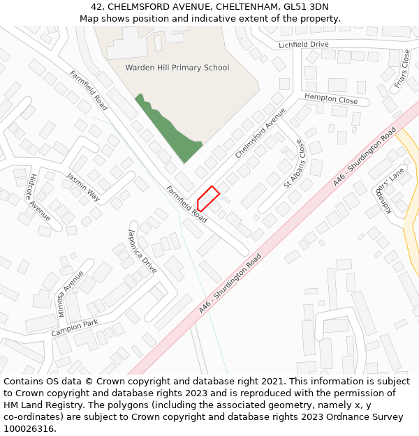 42, CHELMSFORD AVENUE, CHELTENHAM, GL51 3DN: Location map and indicative extent of plot