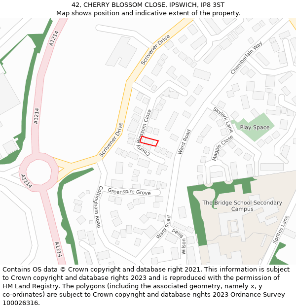 42, CHERRY BLOSSOM CLOSE, IPSWICH, IP8 3ST: Location map and indicative extent of plot