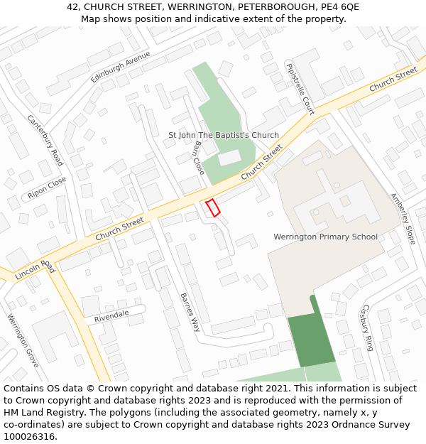 42, CHURCH STREET, WERRINGTON, PETERBOROUGH, PE4 6QE: Location map and indicative extent of plot