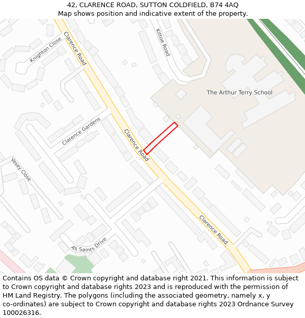 42, CLARENCE ROAD, SUTTON COLDFIELD, B74 4AQ: Location map and indicative extent of plot