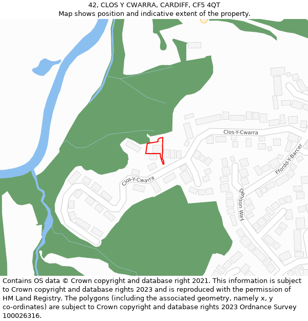 42, CLOS Y CWARRA, CARDIFF, CF5 4QT: Location map and indicative extent of plot