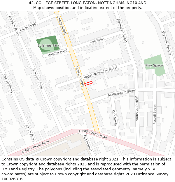 42, COLLEGE STREET, LONG EATON, NOTTINGHAM, NG10 4ND: Location map and indicative extent of plot