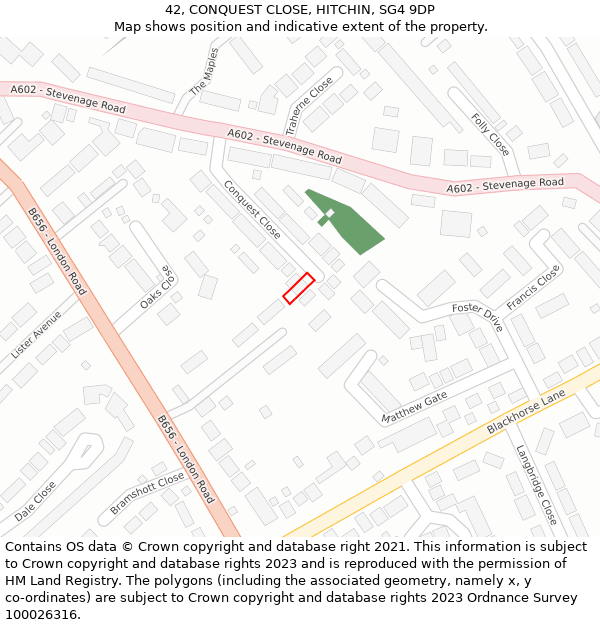 42, CONQUEST CLOSE, HITCHIN, SG4 9DP: Location map and indicative extent of plot