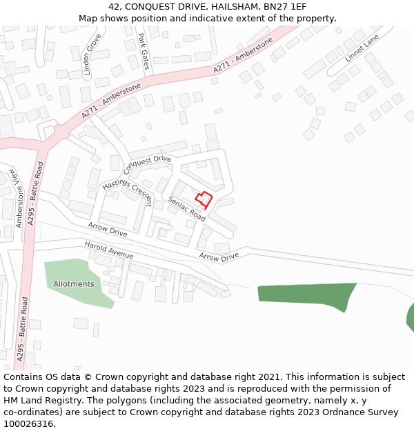 42, CONQUEST DRIVE, HAILSHAM, BN27 1EF: Location map and indicative extent of plot