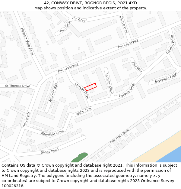 42, CONWAY DRIVE, BOGNOR REGIS, PO21 4XD: Location map and indicative extent of plot