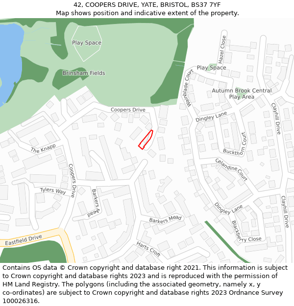 42, COOPERS DRIVE, YATE, BRISTOL, BS37 7YF: Location map and indicative extent of plot