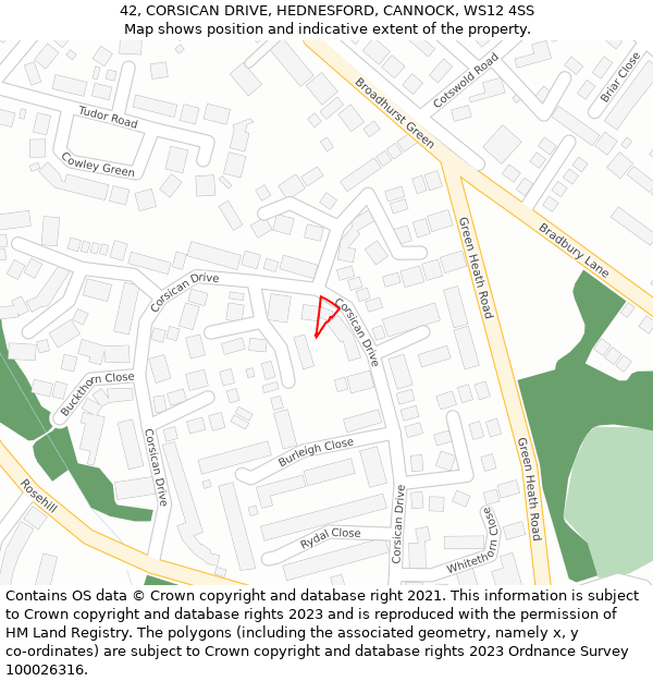 42, CORSICAN DRIVE, HEDNESFORD, CANNOCK, WS12 4SS: Location map and indicative extent of plot