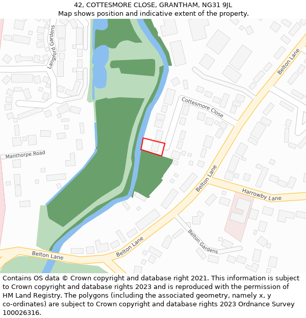 42, COTTESMORE CLOSE, GRANTHAM, NG31 9JL: Location map and indicative extent of plot