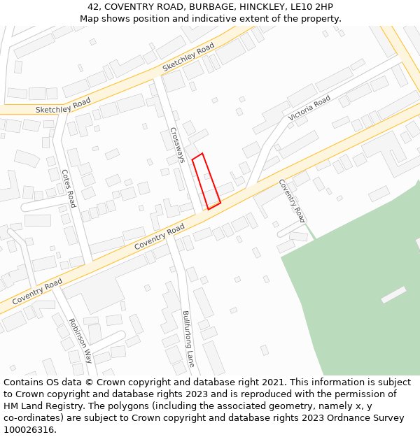 42, COVENTRY ROAD, BURBAGE, HINCKLEY, LE10 2HP: Location map and indicative extent of plot