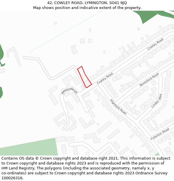 42, COWLEY ROAD, LYMINGTON, SO41 9JQ: Location map and indicative extent of plot