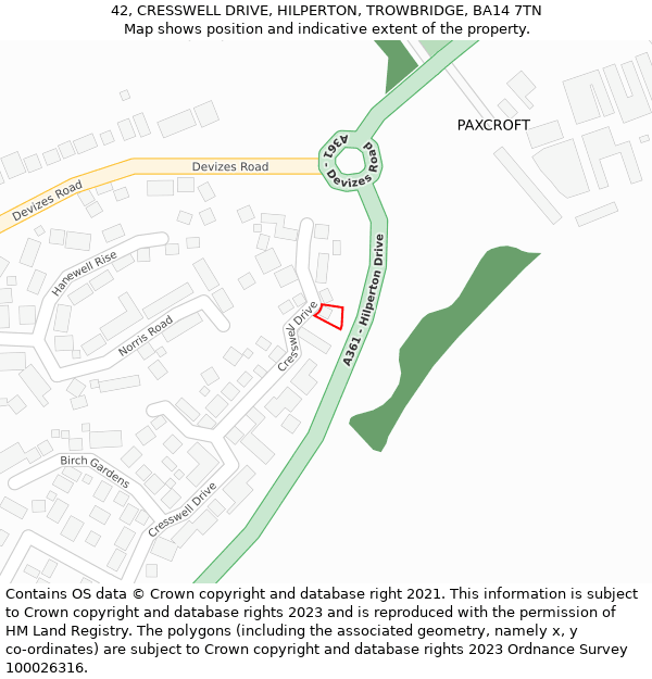 42, CRESSWELL DRIVE, HILPERTON, TROWBRIDGE, BA14 7TN: Location map and indicative extent of plot