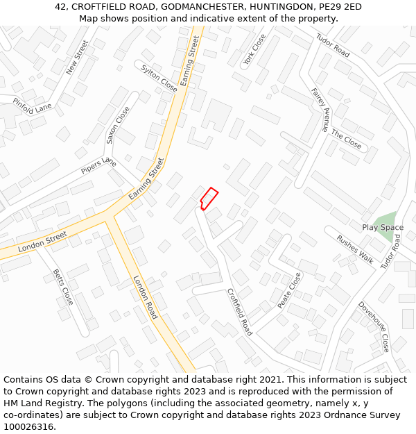 42, CROFTFIELD ROAD, GODMANCHESTER, HUNTINGDON, PE29 2ED: Location map and indicative extent of plot