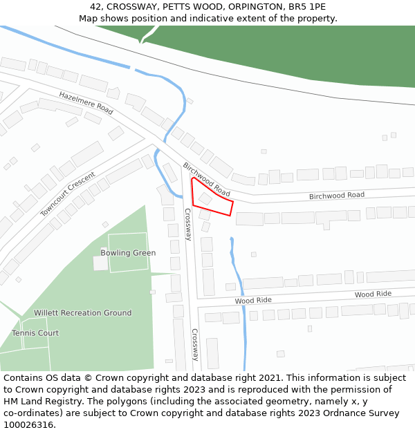 42, CROSSWAY, PETTS WOOD, ORPINGTON, BR5 1PE: Location map and indicative extent of plot