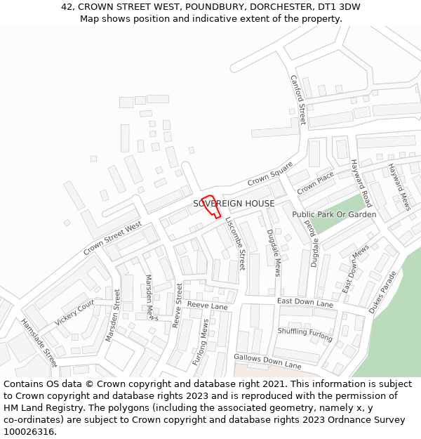 42, CROWN STREET WEST, POUNDBURY, DORCHESTER, DT1 3DW: Location map and indicative extent of plot