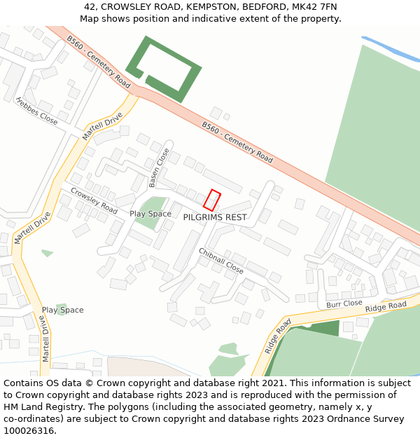 42, CROWSLEY ROAD, KEMPSTON, BEDFORD, MK42 7FN: Location map and indicative extent of plot