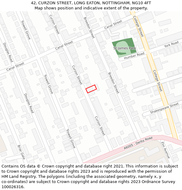 42, CURZON STREET, LONG EATON, NOTTINGHAM, NG10 4FT: Location map and indicative extent of plot