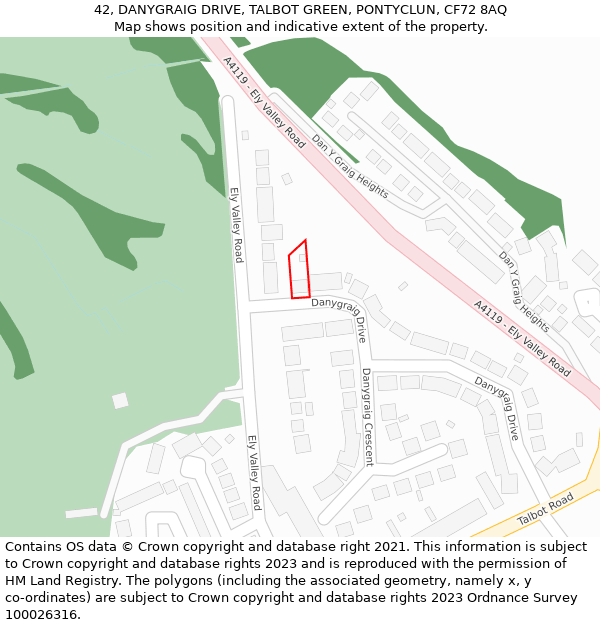 42, DANYGRAIG DRIVE, TALBOT GREEN, PONTYCLUN, CF72 8AQ: Location map and indicative extent of plot