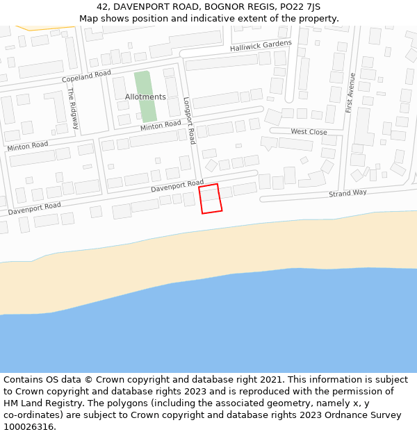 42, DAVENPORT ROAD, BOGNOR REGIS, PO22 7JS: Location map and indicative extent of plot