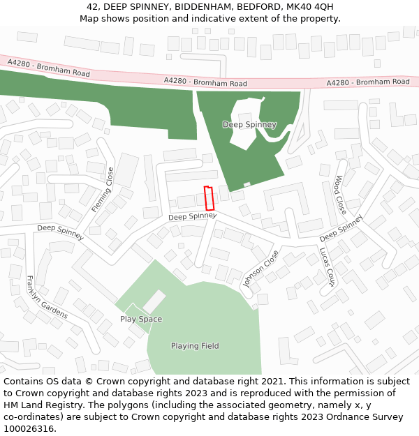 42, DEEP SPINNEY, BIDDENHAM, BEDFORD, MK40 4QH: Location map and indicative extent of plot