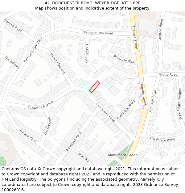 42, DORCHESTER ROAD, WEYBRIDGE, KT13 8PE: Location map and indicative extent of plot