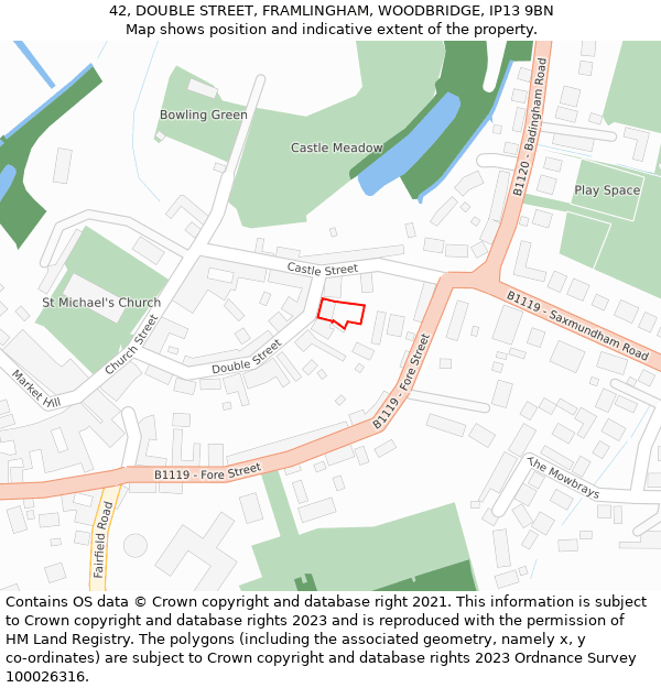 42, DOUBLE STREET, FRAMLINGHAM, WOODBRIDGE, IP13 9BN: Location map and indicative extent of plot