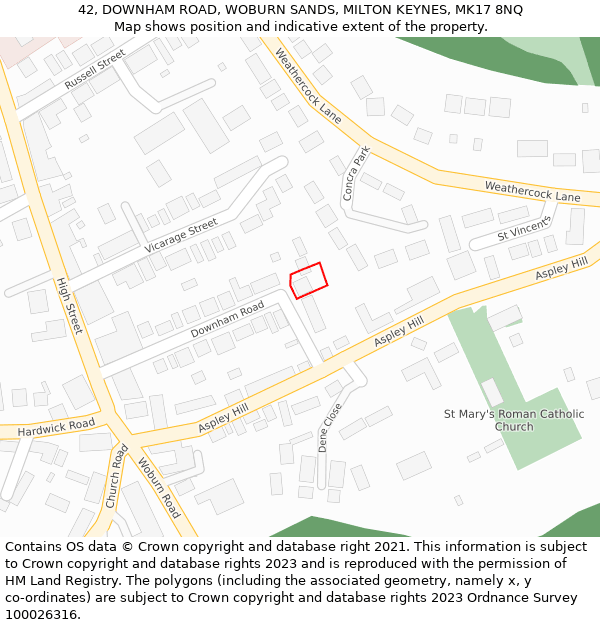 42, DOWNHAM ROAD, WOBURN SANDS, MILTON KEYNES, MK17 8NQ: Location map and indicative extent of plot