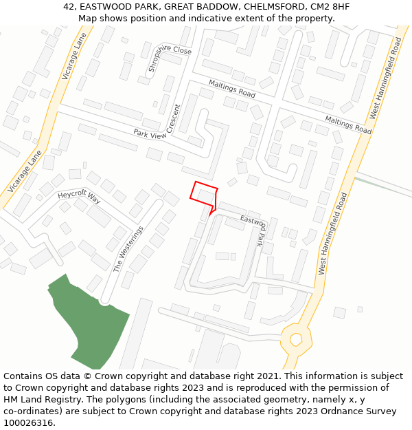 42, EASTWOOD PARK, GREAT BADDOW, CHELMSFORD, CM2 8HF: Location map and indicative extent of plot