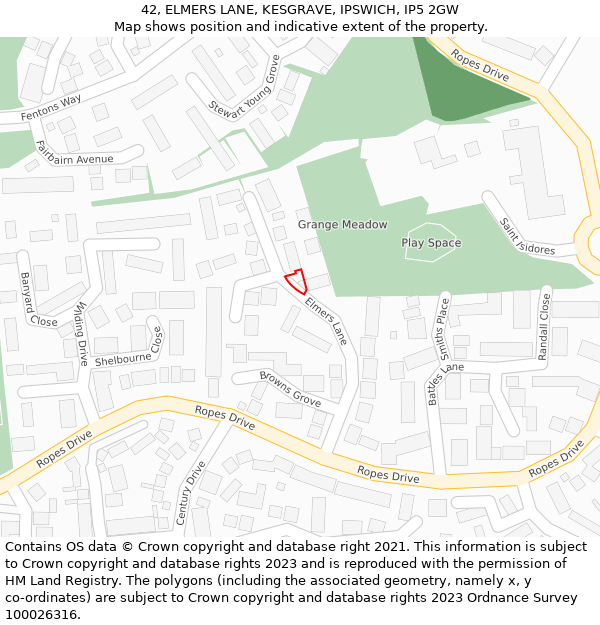 42, ELMERS LANE, KESGRAVE, IPSWICH, IP5 2GW: Location map and indicative extent of plot