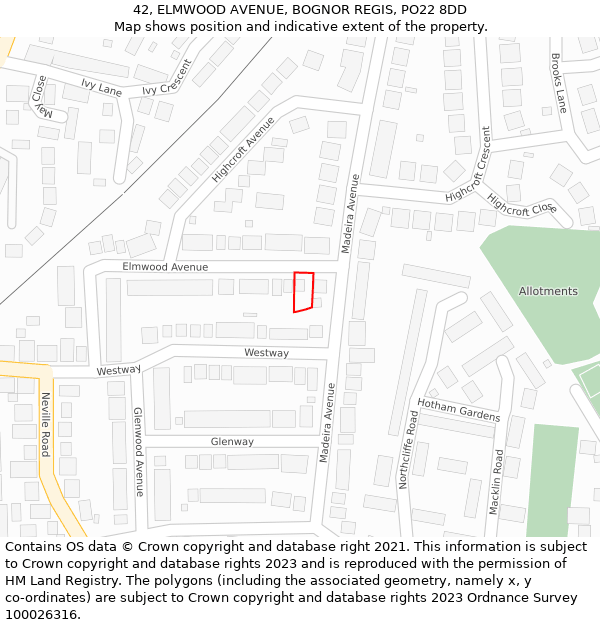 42, ELMWOOD AVENUE, BOGNOR REGIS, PO22 8DD: Location map and indicative extent of plot