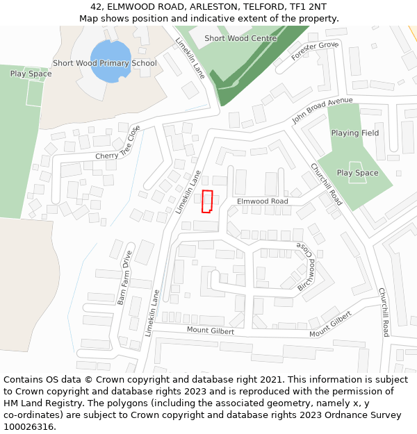 42, ELMWOOD ROAD, ARLESTON, TELFORD, TF1 2NT: Location map and indicative extent of plot