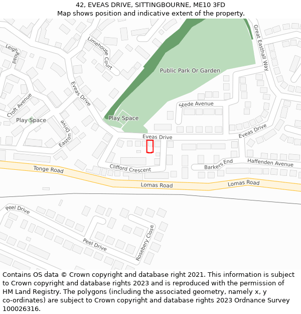 42, EVEAS DRIVE, SITTINGBOURNE, ME10 3FD: Location map and indicative extent of plot