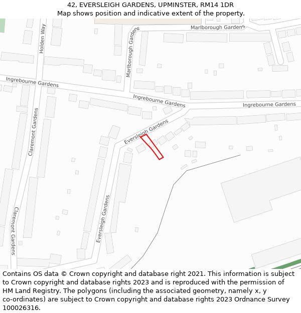 42, EVERSLEIGH GARDENS, UPMINSTER, RM14 1DR: Location map and indicative extent of plot