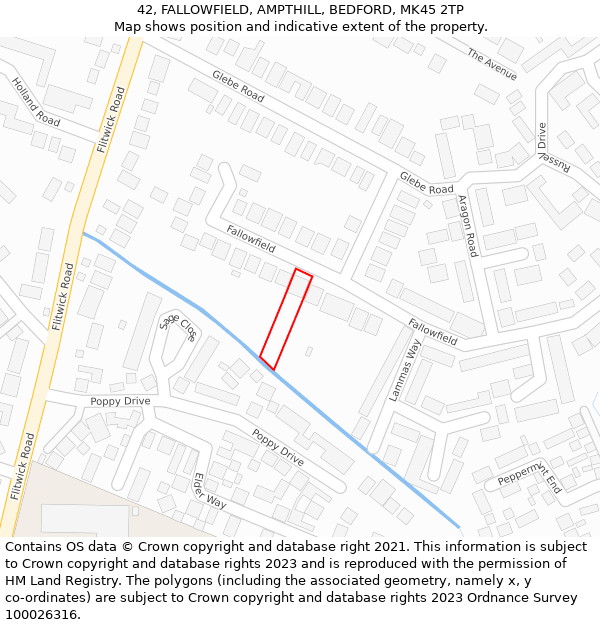 42, FALLOWFIELD, AMPTHILL, BEDFORD, MK45 2TP: Location map and indicative extent of plot