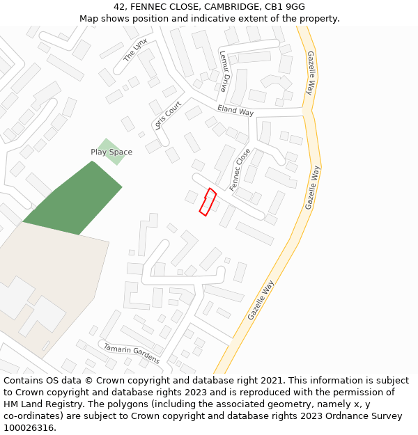 42, FENNEC CLOSE, CAMBRIDGE, CB1 9GG: Location map and indicative extent of plot