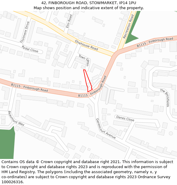 42, FINBOROUGH ROAD, STOWMARKET, IP14 1PU: Location map and indicative extent of plot