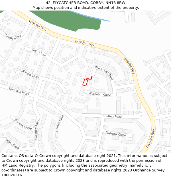 42, FLYCATCHER ROAD, CORBY, NN18 8RW: Location map and indicative extent of plot