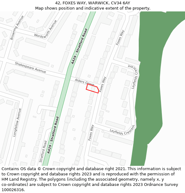 42, FOXES WAY, WARWICK, CV34 6AY: Location map and indicative extent of plot