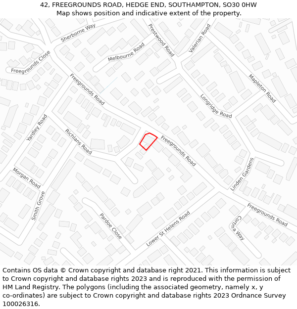 42, FREEGROUNDS ROAD, HEDGE END, SOUTHAMPTON, SO30 0HW: Location map and indicative extent of plot